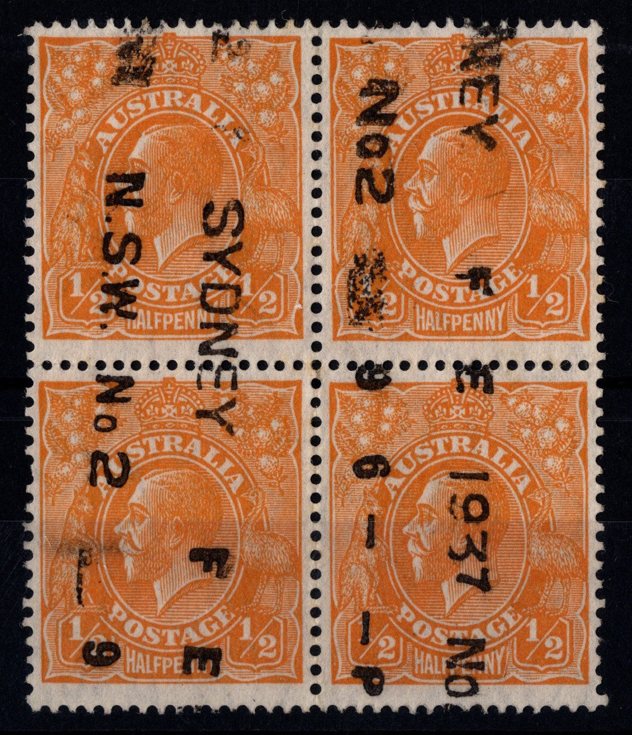Australia KGV ½d Orange Block Fine Used Roller Cancel x Andrew Johnston Collection