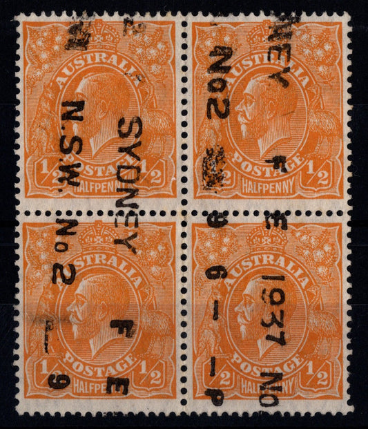 Australia KGV ½d Orange Block Fine Used Roller Cancel x Andrew Johnston Collection