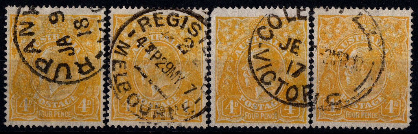 Australia KGV 4d Lemon/Yellow Fine Used Stamps