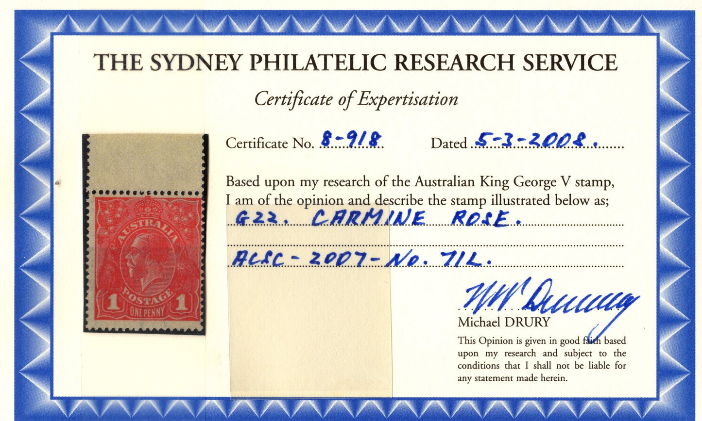 Australia KGV 1d Red Carmine Rose Stamp Mint Never HInged