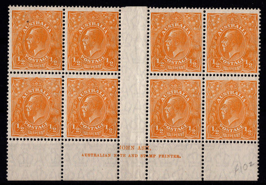 Australia KGV ½ d Orange Block of 8   Mint Never Hinged x Andrew Johnston Collection