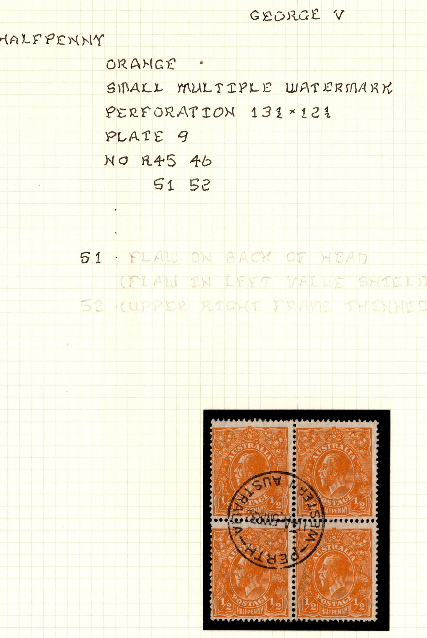 Australia KGV ½ d Orange Block x Andrew Johnston Collection