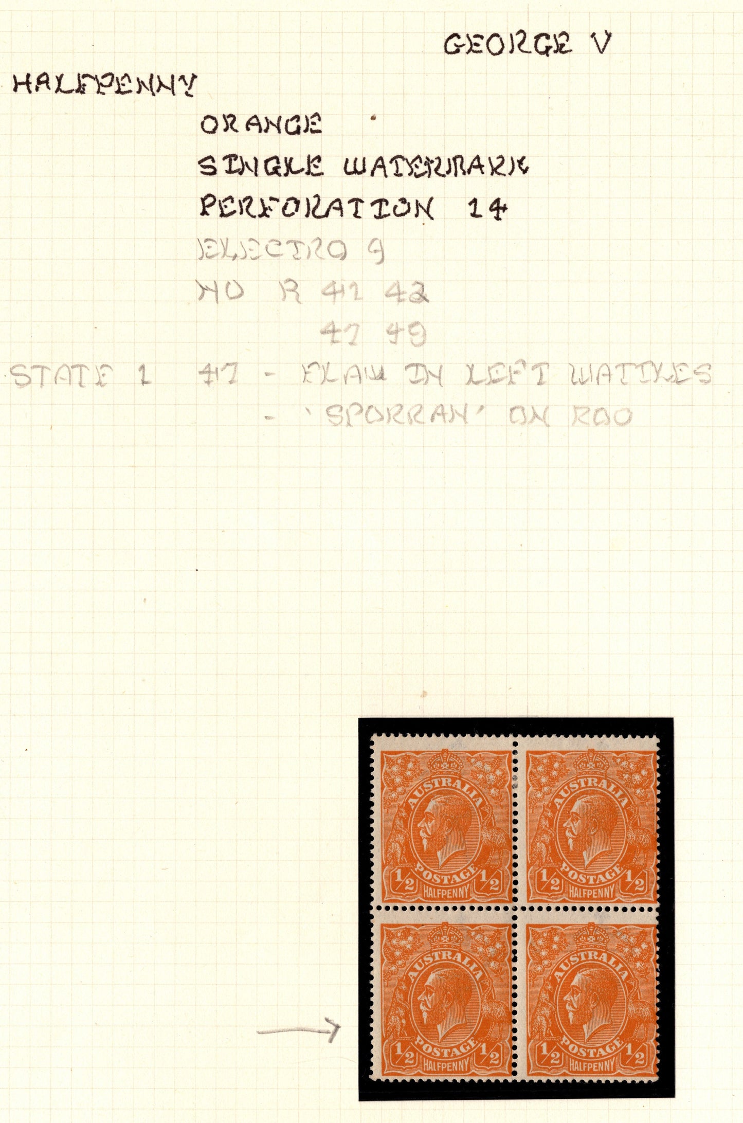 Australia KGV ½d Orange Mint Block x Andrew Johnston Collection
