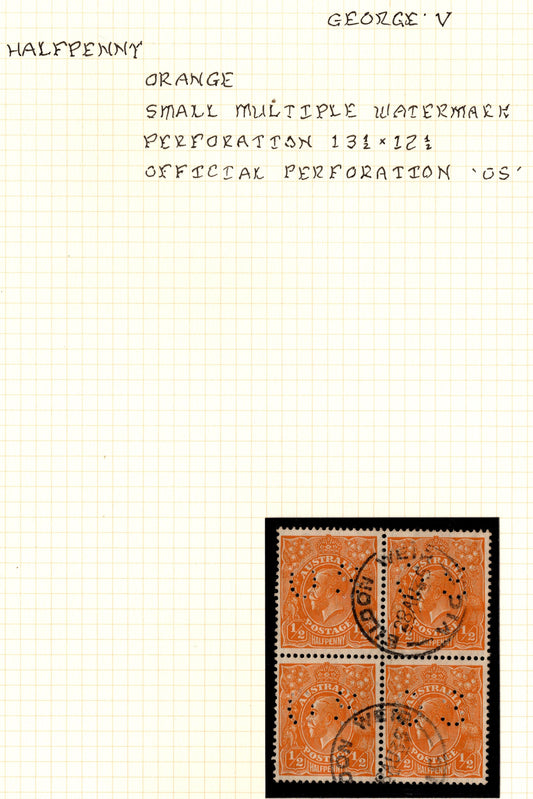 Australia KGV ½d Orange Block OS Perf x Andrew Johnston Collection